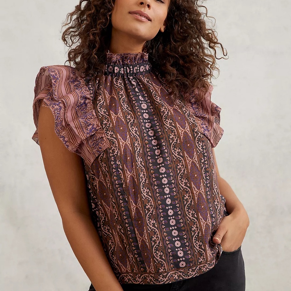 Anthropologie Othilia Caricia Ruffled Blouse Top Purple Black Paisley Print S